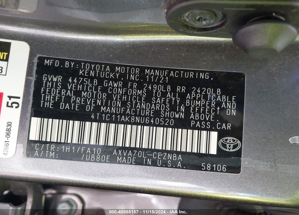 2022 TOYOTA CAMRY LE VIN: 4T1C11AK8NU640520