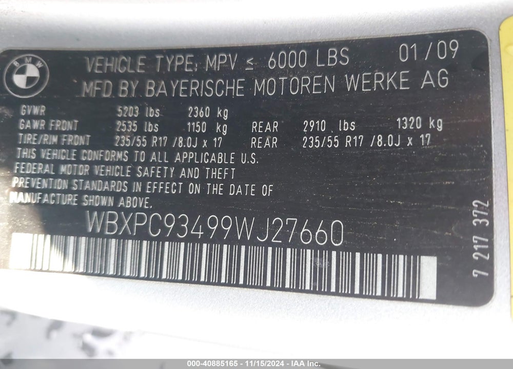 2009 BMW X3 XDRIVE30I VIN: WBXPC93499WJ27660