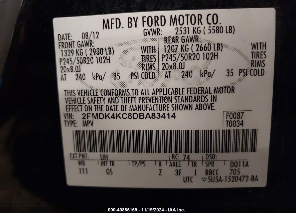 2013 FORD EDGE LIMITED VIN: 2FMDK4KC8DBA83414