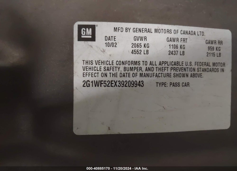 2003 CHEVROLET IMPALA VIN: 2G1WF52EX39209943