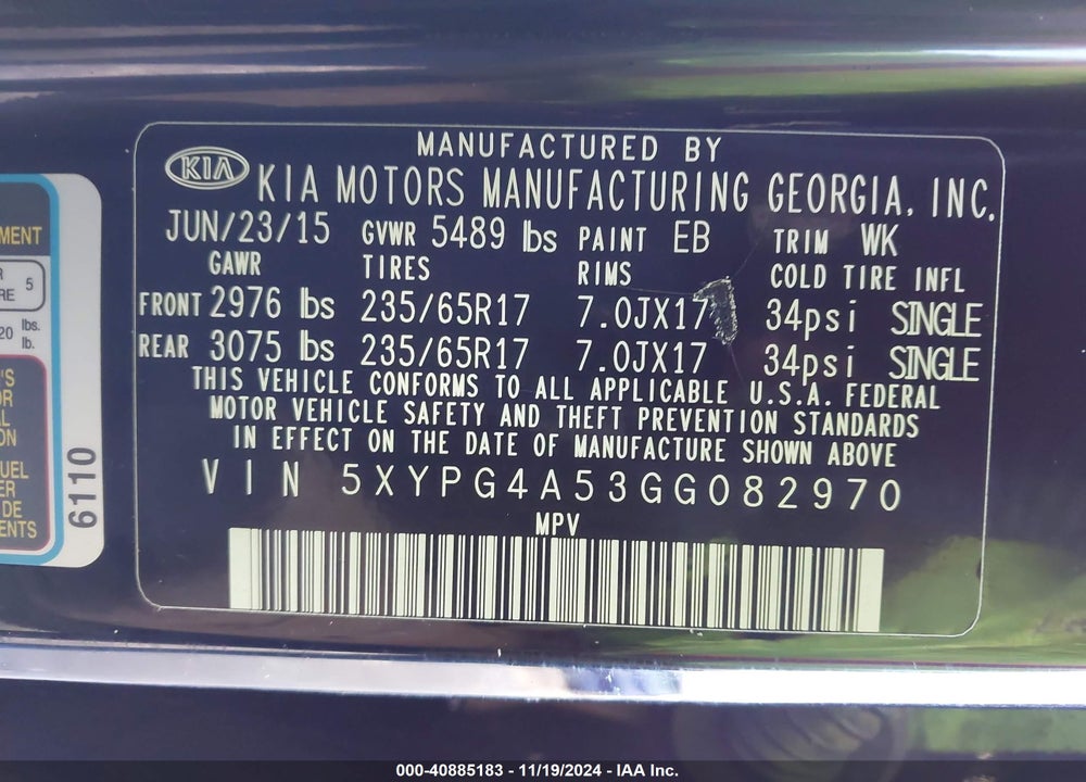 2016 KIA SORENTO 3.3L LX VIN: 5XYPG4A53GG082970