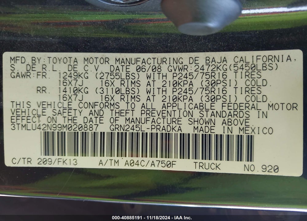 2009 TOYOTA TACOMA BASE V6 VIN: 3TMLU42N99M020887