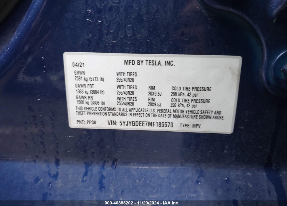 2021 TESLA MODEL Y LONG RANGE DUAL MOTOR ALL-WHEEL DRIVE VIN: 5YJYGDEE7MF185570