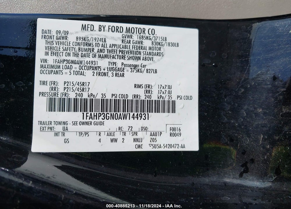 2010 FORD FOCUS SES VIN: 1FAHP3GN0AW144931