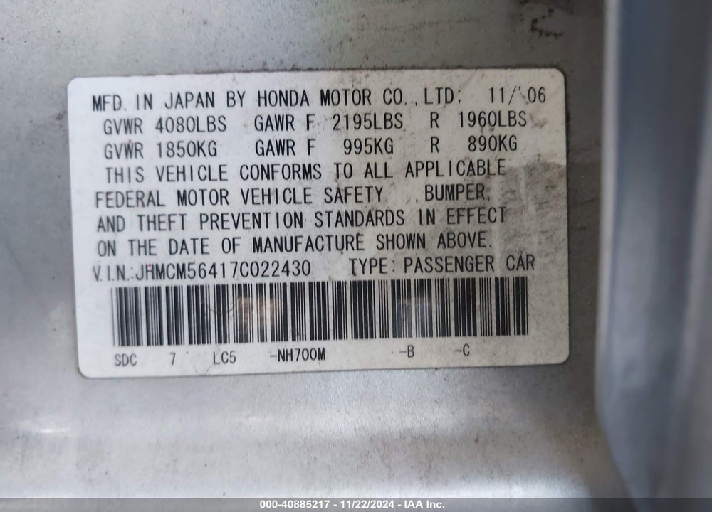2007 HONDA ACCORD 2.4 LX VIN: JHMCM56417C022430