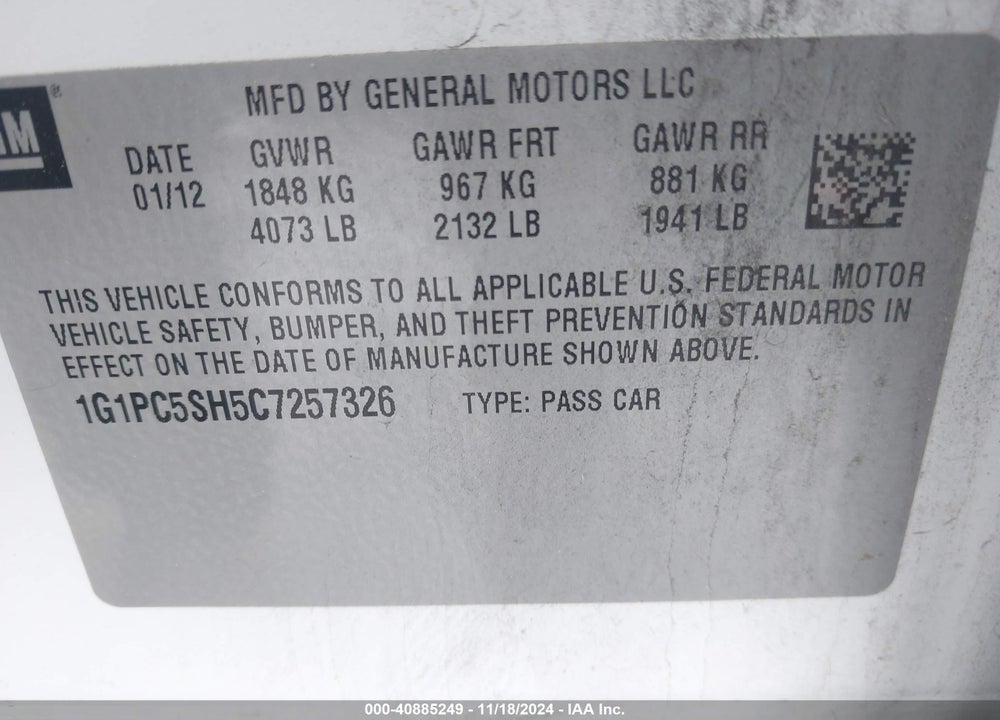 2012 CHEVROLET CRUZE LS VIN: 1G1PC5SH5C7257326