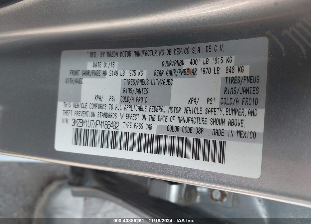 2015 MAZDA 3 VIN: 3MZBM1U7XFM186482