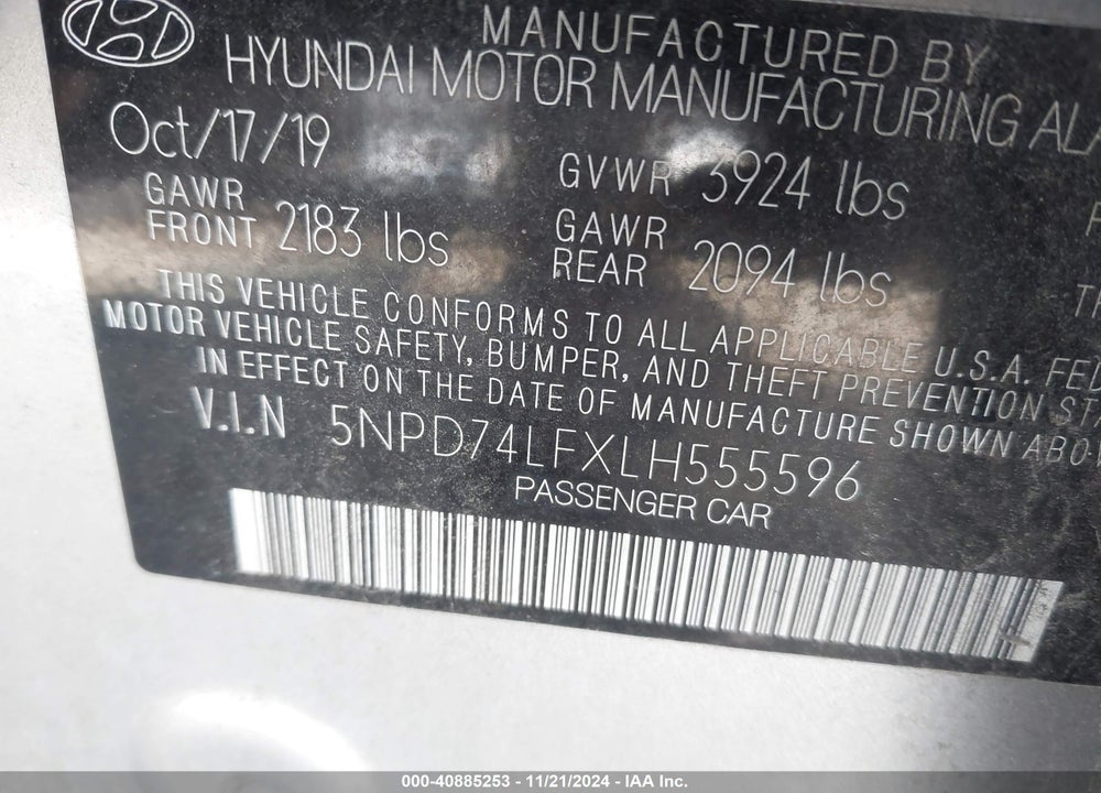2020 HYUNDAI ELANTRA SE VIN: 5NPD74LFXLH555596
