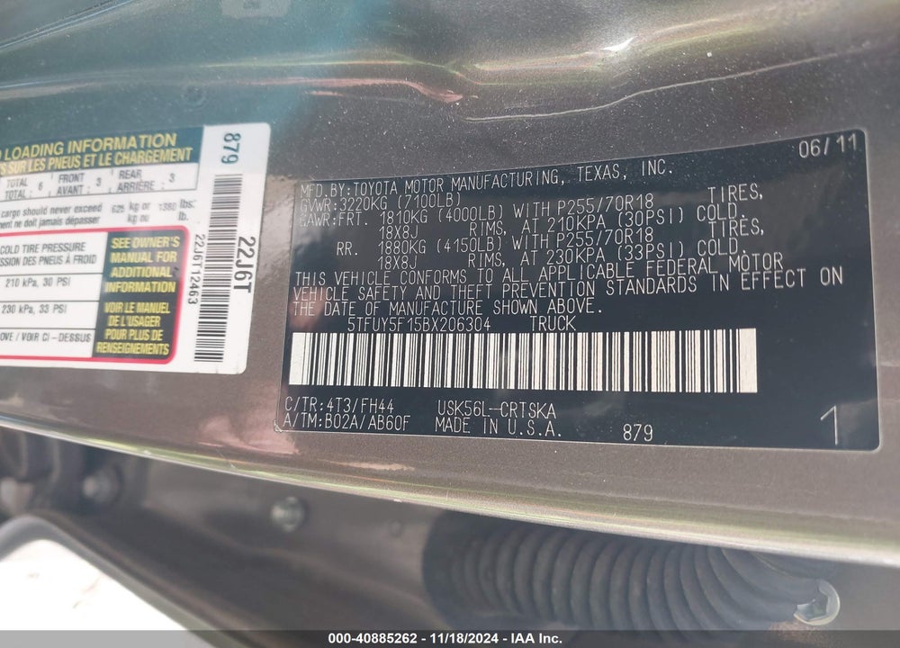 2011 TOYOTA TUNDRA GRADE 5.7L V8 VIN: 5TFUY5F15BX206304