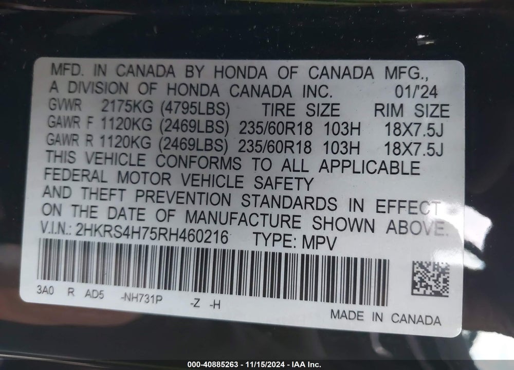 2024 HONDA CR-V EX-L AWD VIN: 2HKRS4H75RH460216