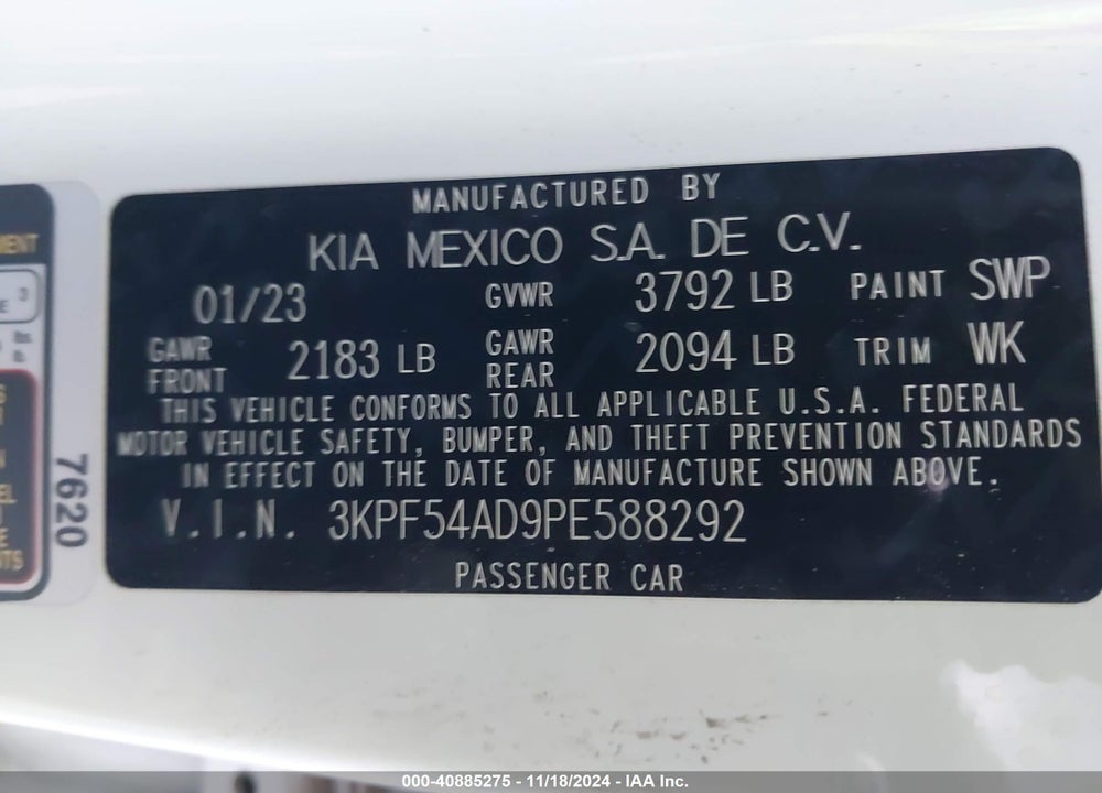 2023 KIA FORTE GT LINE VIN: 3KPF54AD9PE588292