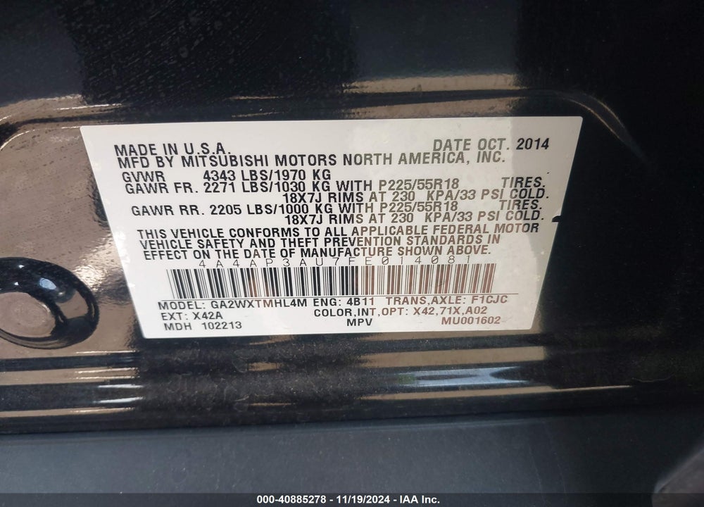 2015 MITSUBISHI OUTLANDER SPORT ES VIN: 4A4AP3AU7FE014081