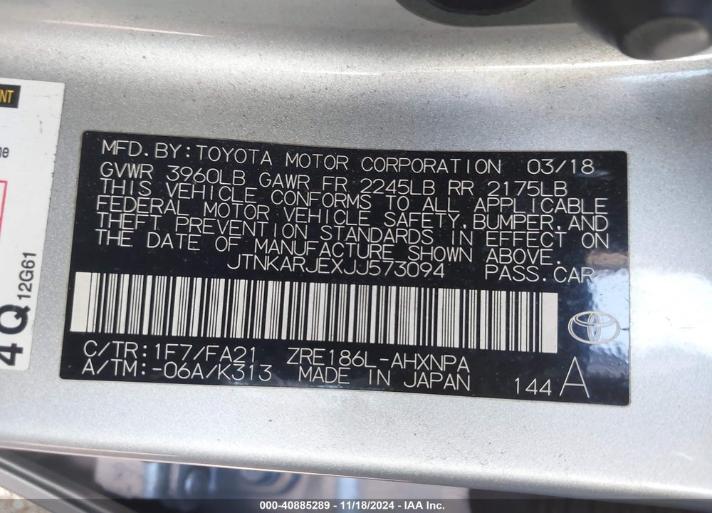 2018 TOYOTA COROLLA IM VIN: JTNKARJEXJJ573094