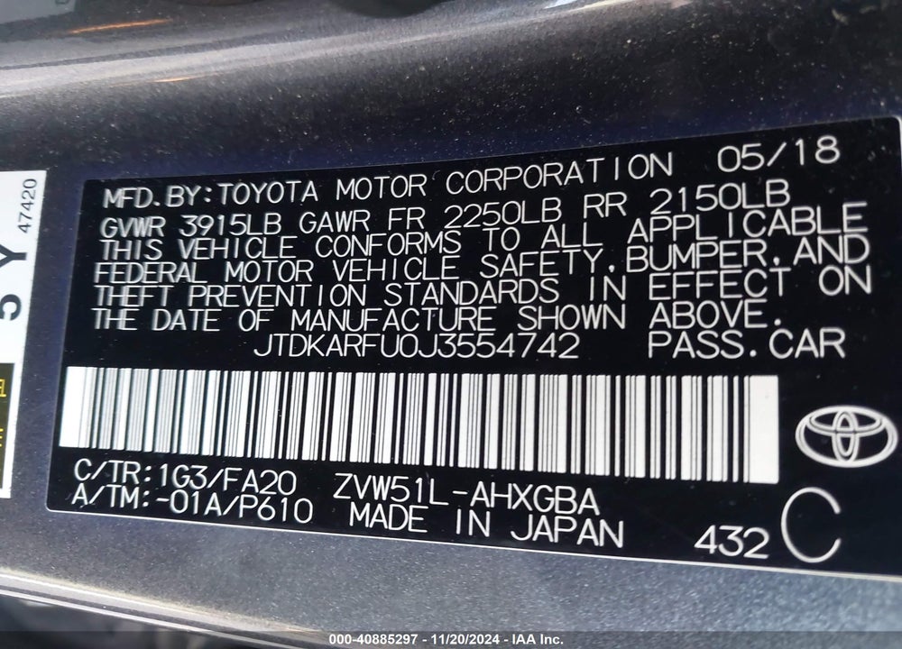 2018 TOYOTA PRIUS THREE VIN: JTDKARFU0J3554742