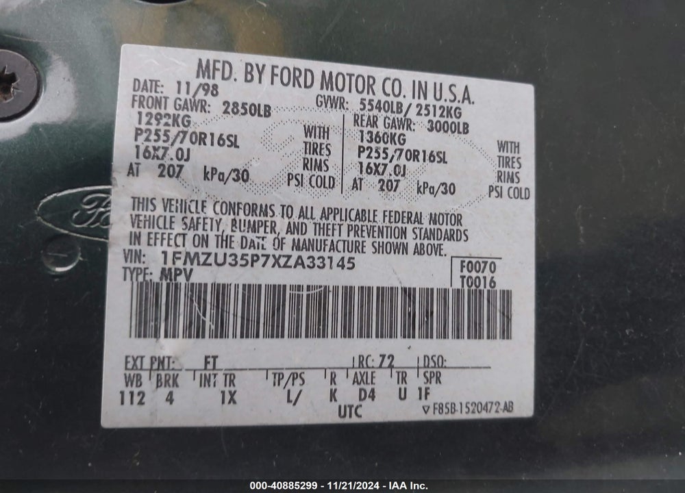 1999 FORD EXPLORER EDDIE BAUER/LIMITED/XLT VIN: 1FMZU35P7XZA33145