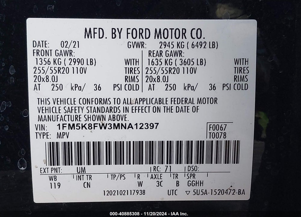 2021 FORD EXPLORER LIMITED VIN: 1FM5K8FW3MNA12397