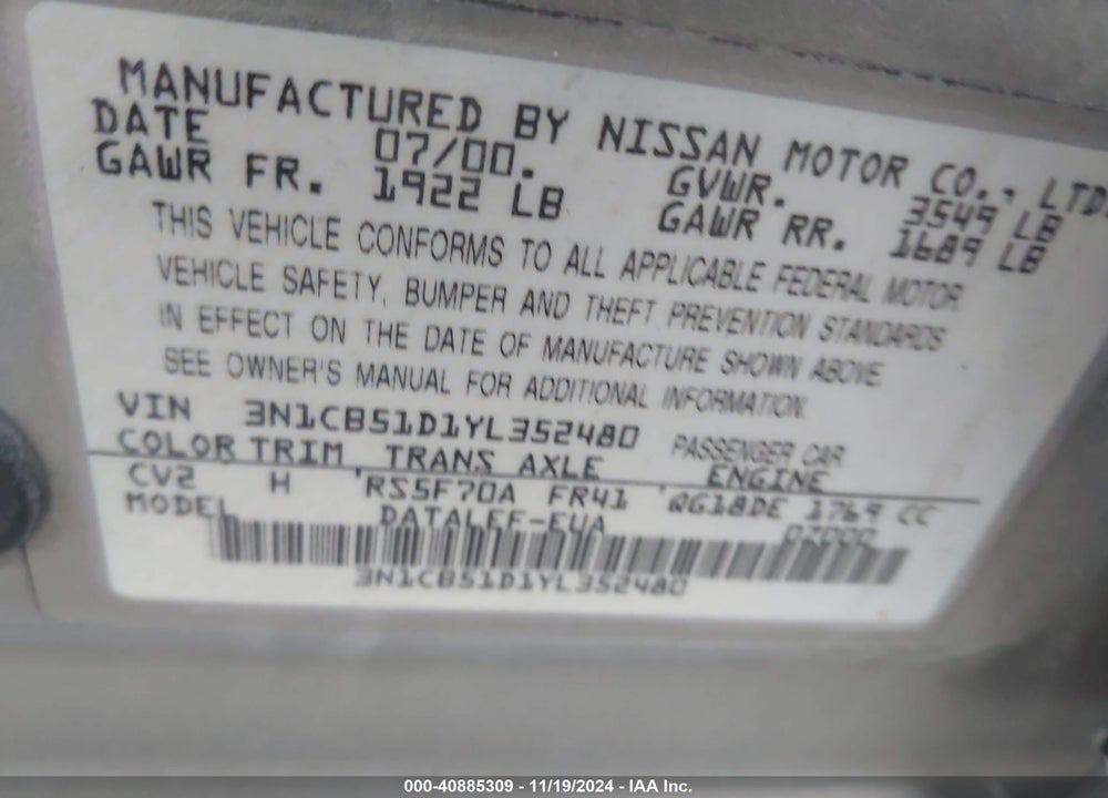 2000 NISSAN SENTRA GXE/XE VIN: 3N1CB51D1YL352480