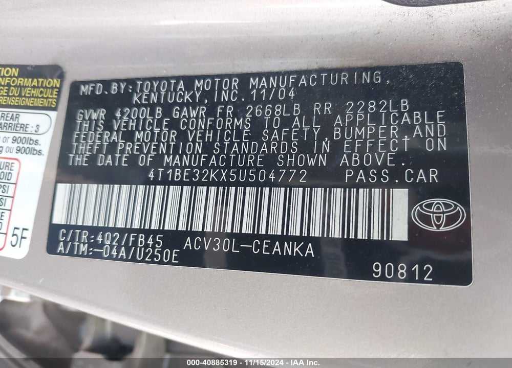 2005 TOYOTA CAMRY LE VIN: 4T1BE32KX5U504772