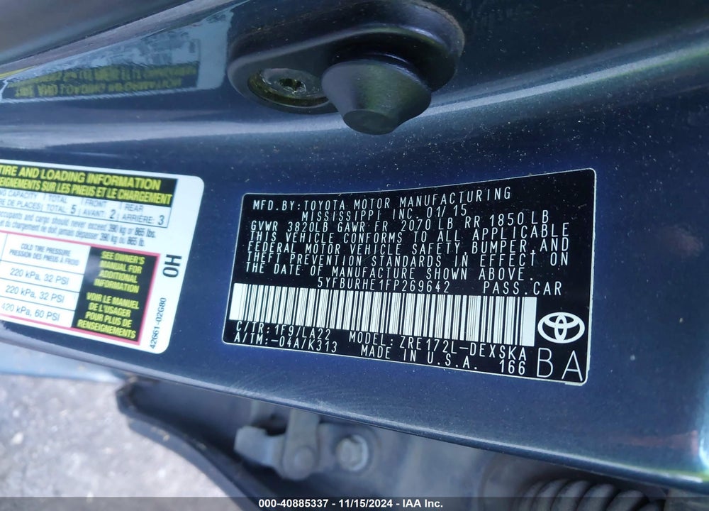 2015 TOYOTA COROLLA S PREMIUM VIN: 5YFBURHE1FP269642
