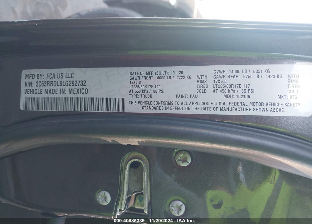 2020 RAM 3500 TRADESMAN  4X4 8' BOX VIN: 3C63RRGL9LG292732
