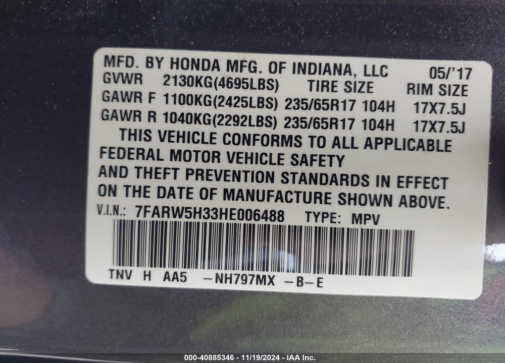 2017 HONDA CR-V LX VIN: 7FARW5H33HE006488
