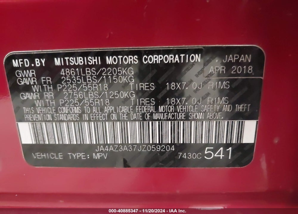 2018 MITSUBISHI OUTLANDER ES VIN: JA4AZ3A37JZ059204