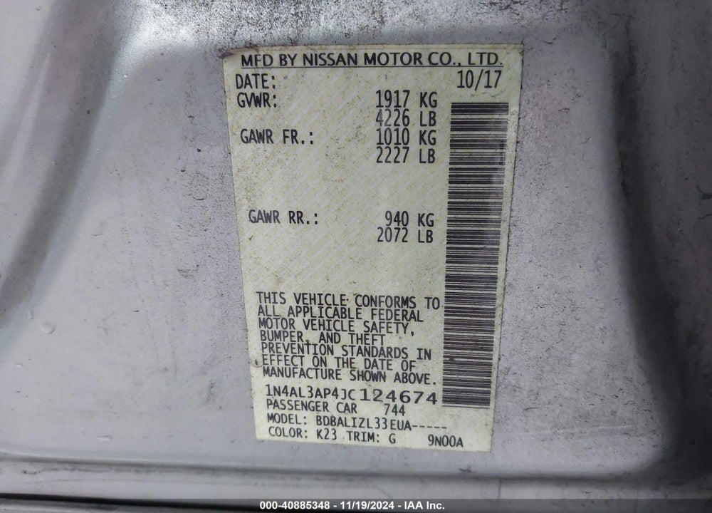2018 NISSAN ALTIMA 2.5 SV VIN: 1N4AL3AP4JC124674