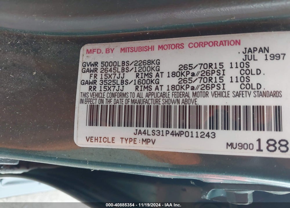 1998 MITSUBISHI MONTERO SPORT LS VIN: JA4LS31P4WP011243