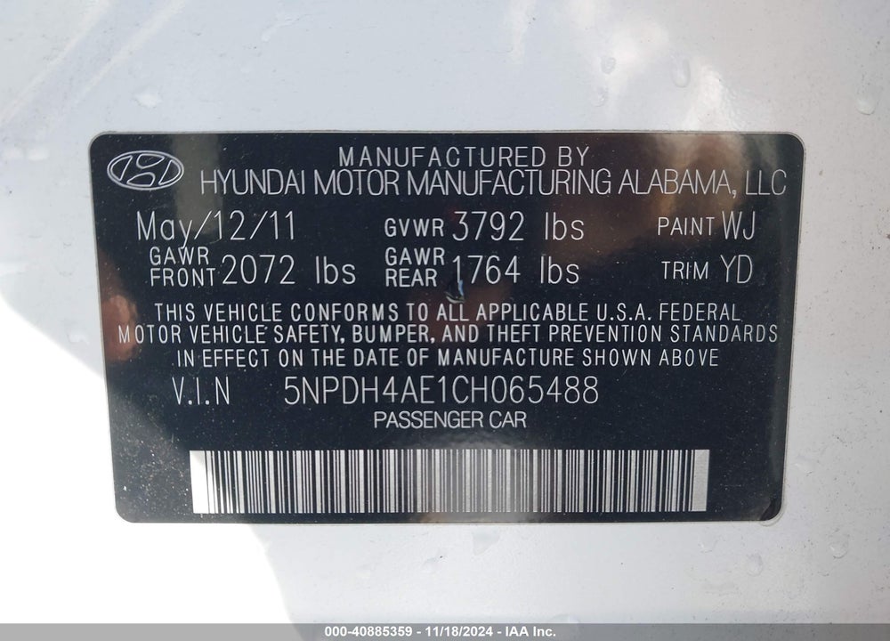 2012 HYUNDAI ELANTRA GLS VIN: 5NPDH4AE1CH065488