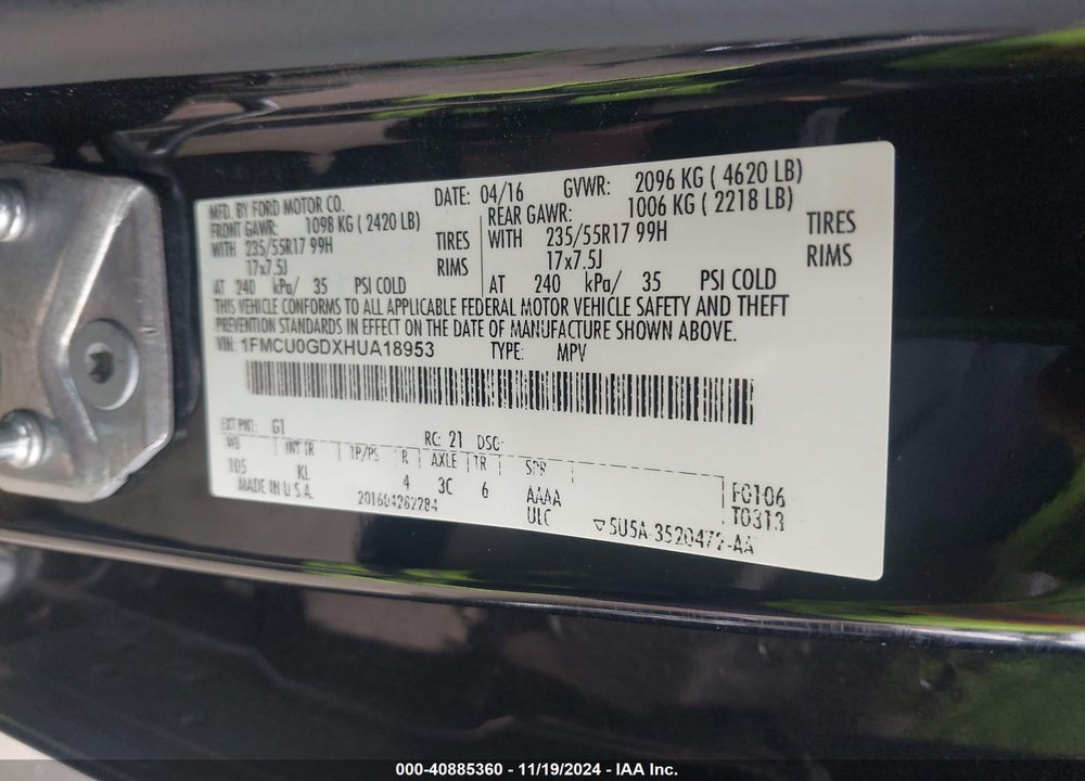 2017 FORD ESCAPE SE VIN: 1FMCU0GDXHUA18953