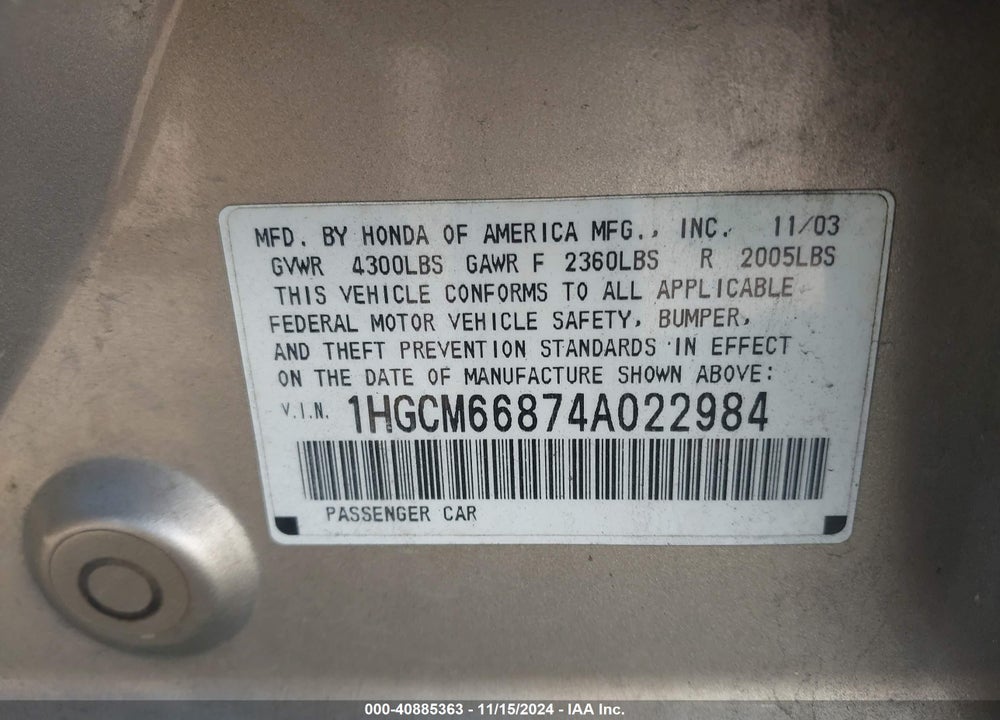 2004 HONDA ACCORD 3.0 EX VIN: 1HGCM66874A022984
