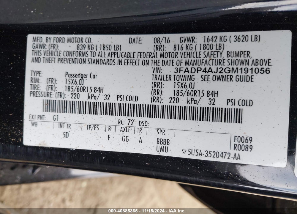 2016 FORD FIESTA VIN: 3FADP4AJ2GM191056