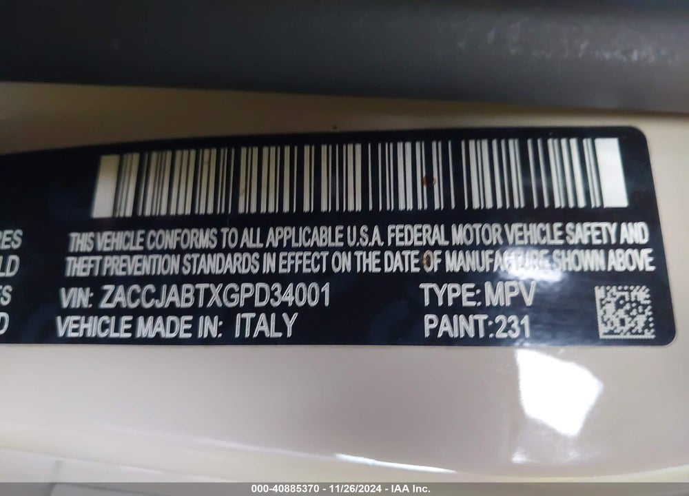 2016 JEEP RENEGADE LATITUDE VIN: ZACCJABTXGPD34001