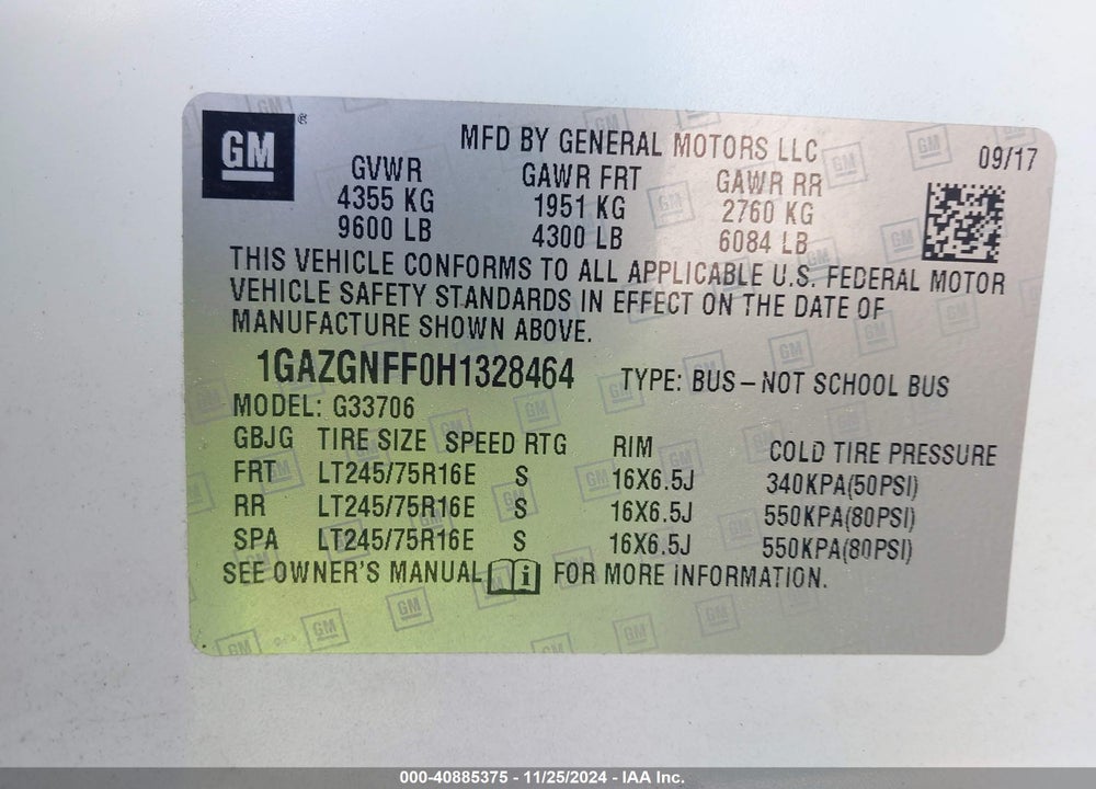 2017 CHEVROLET EXPRESS 3500 VIN: 1GAZGNFF0H1328464