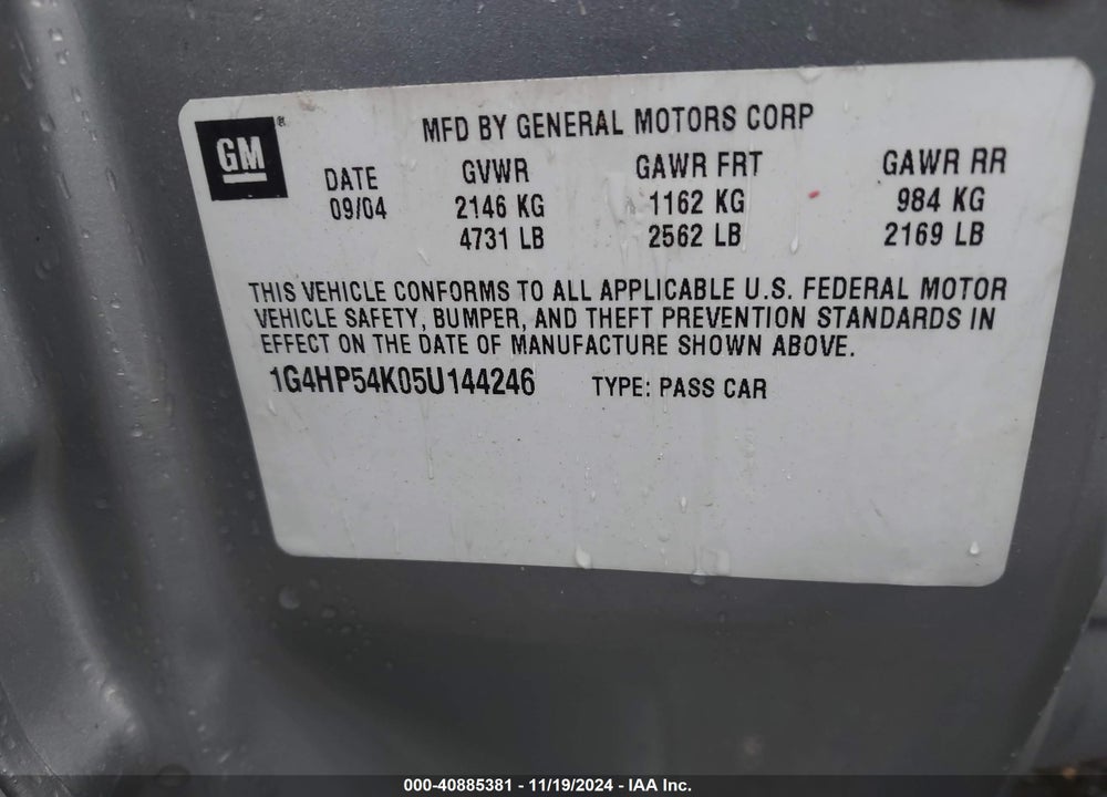 2005 BUICK LESABRE CUSTOM VIN: 1G4HP54K05U144246