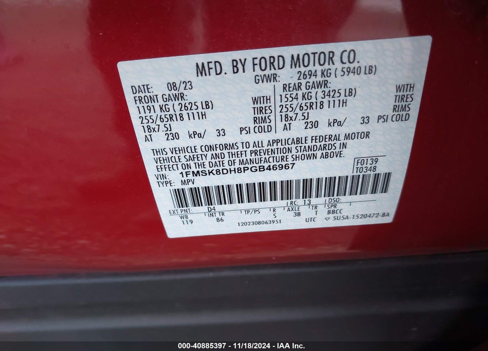 2023 FORD EXPLORER XLT VIN: 1FMSK8DH8PGB46967