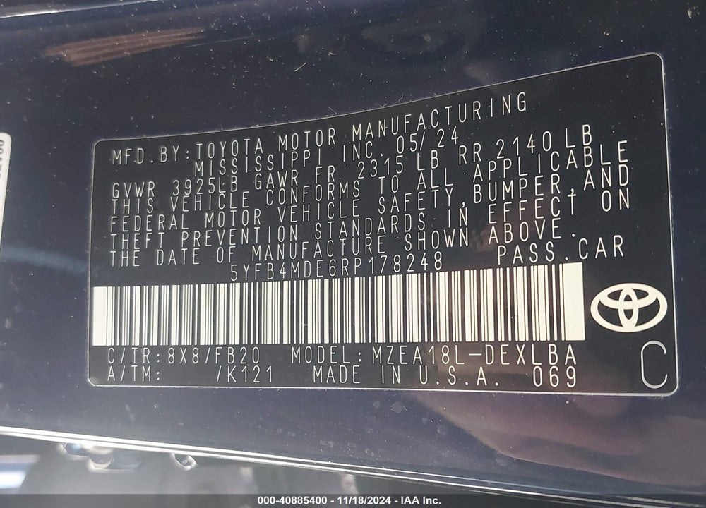 2024 TOYOTA COROLLA LE VIN: 5YFB4MDE6RP178248