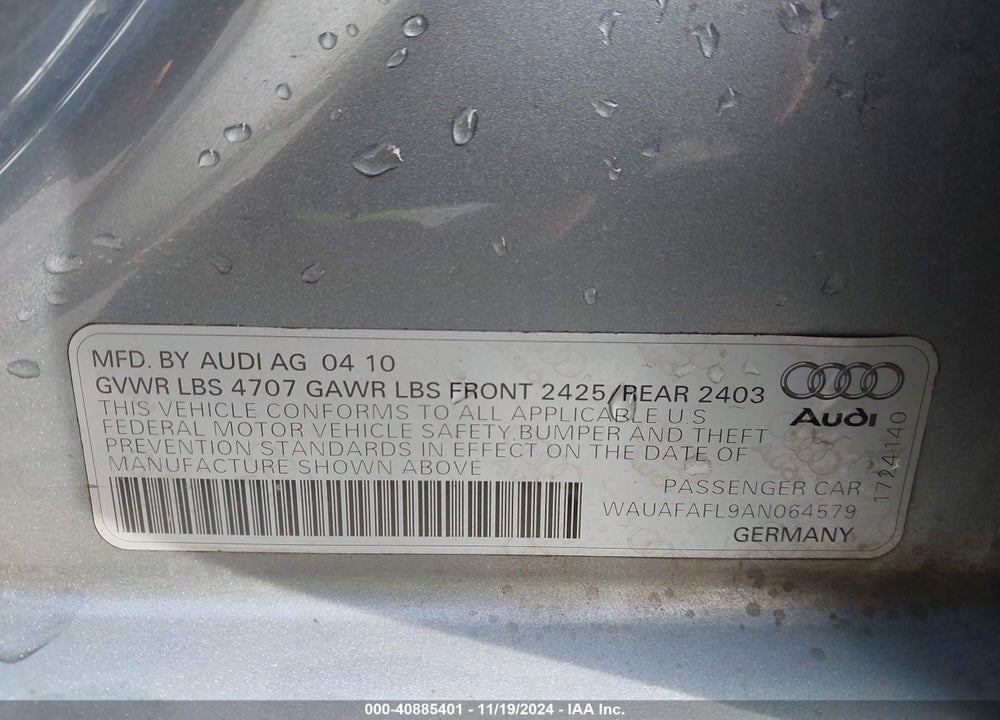2010 AUDI A4 2.0T PREMIUM VIN: WAUAFAFL9AN064579