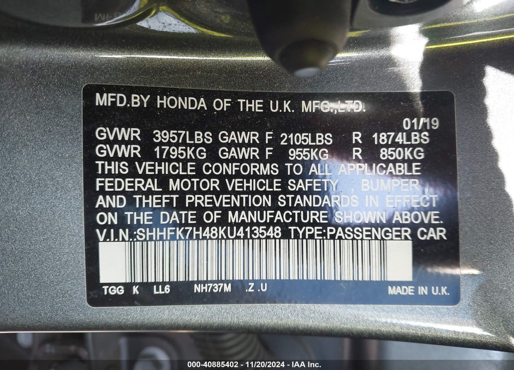 2019 HONDA CIVIC SPORT VIN: SHHFK7H48KU413548
