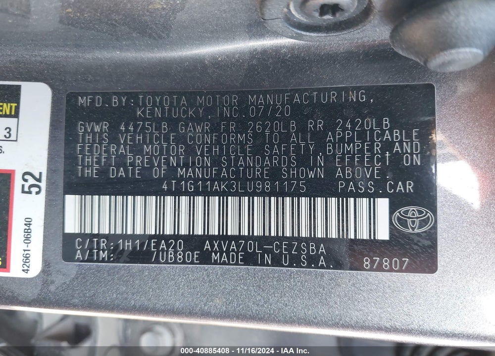 2020 TOYOTA CAMRY SE VIN: 4T1G11AK3LU981175