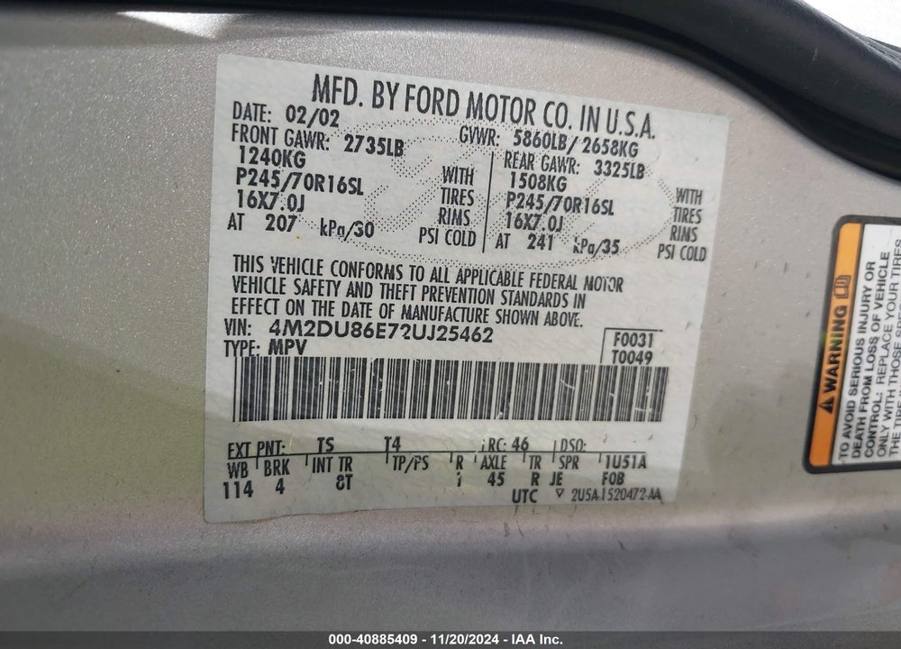 2002 MERCURY MOUNTAINEER VIN: 4M2DU86E72UJ25462