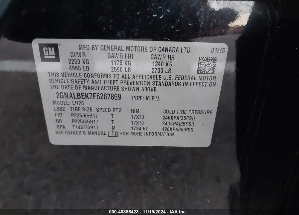 2015 CHEVROLET EQUINOX 1LT VIN: 2GNALBEK7F6267869