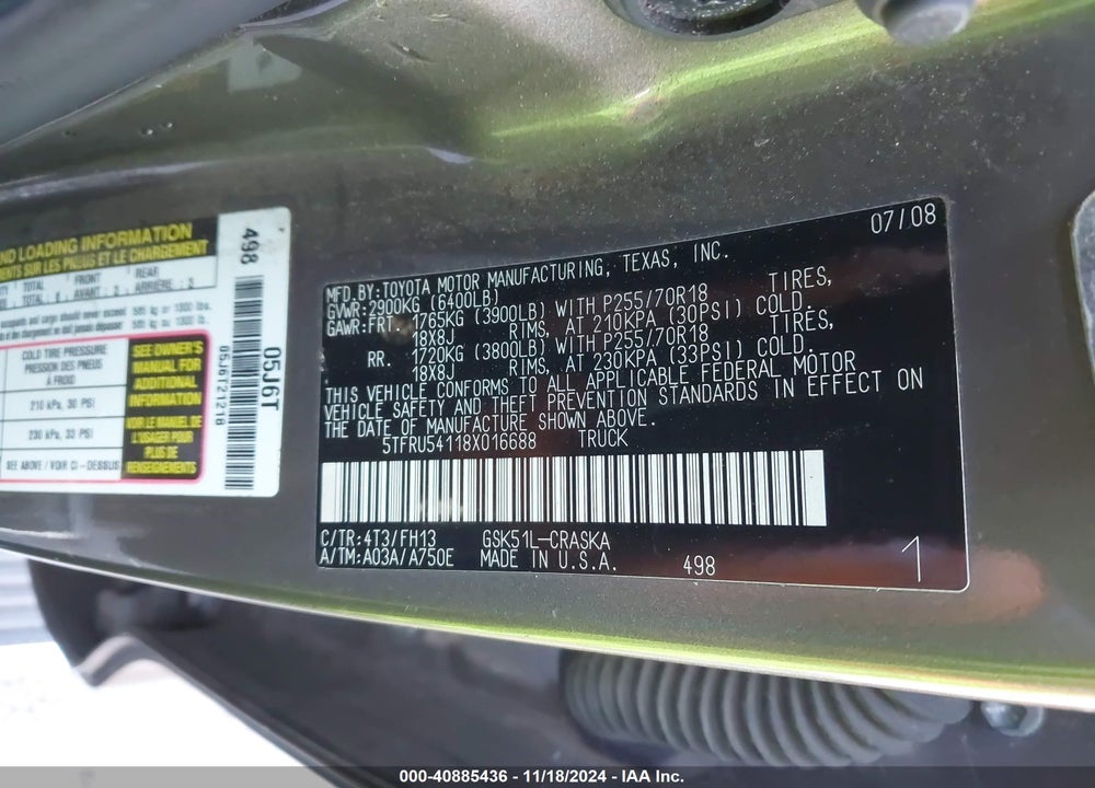 2008 TOYOTA TUNDRA BASE V6 VIN: 5TFRU54118X016688