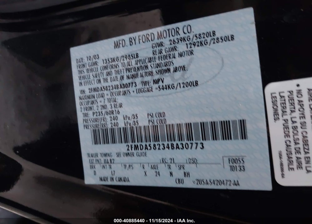 2004 FORD FREESTAR LIMITED VIN: 2FMDA58234BA30773