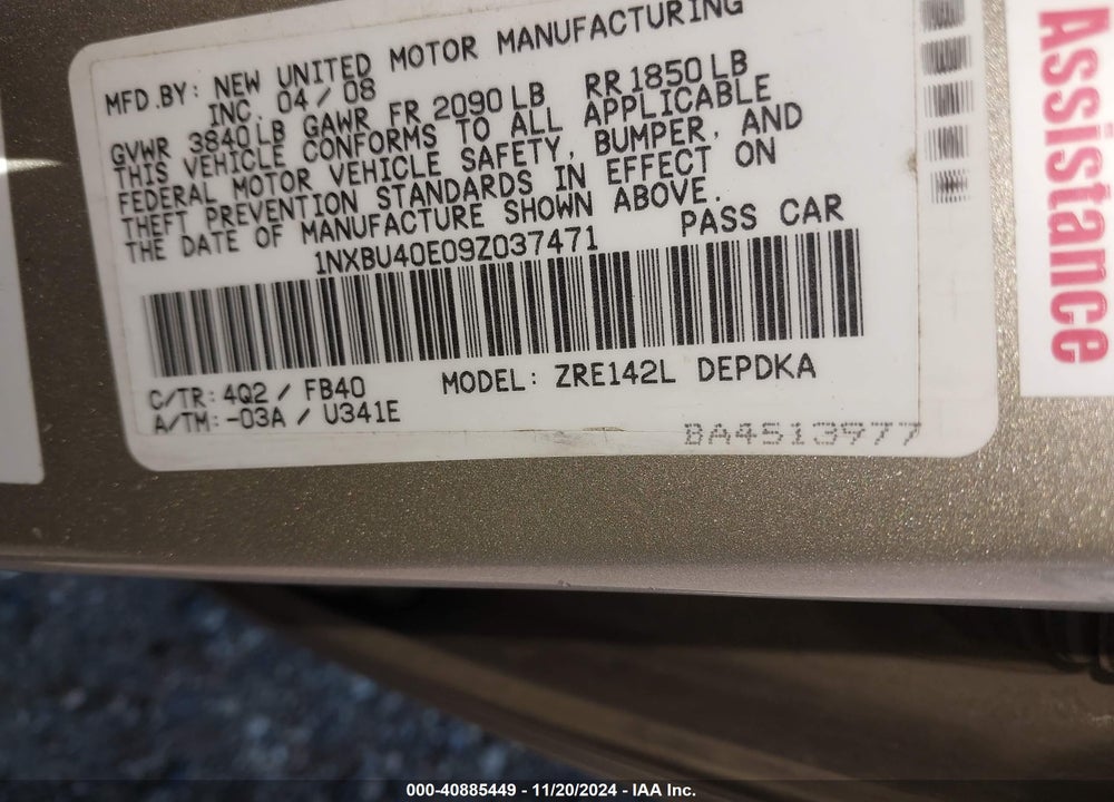 2009 TOYOTA COROLLA LE VIN: 1NXBU40E09Z037471