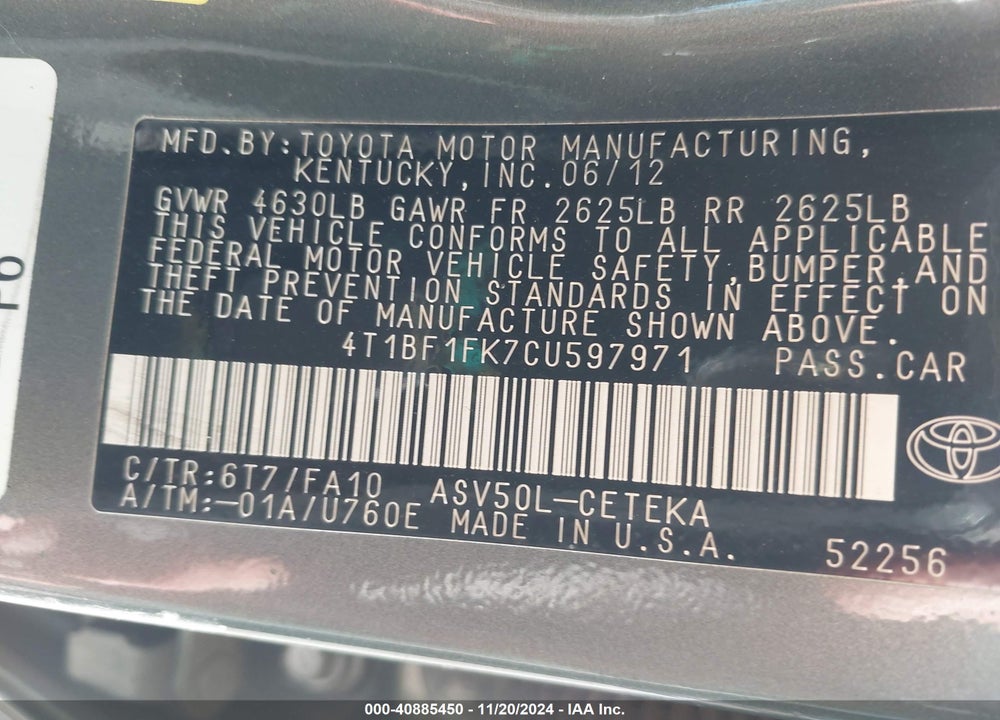 2012 TOYOTA CAMRY L VIN: 4T1BF1FK7CU597971