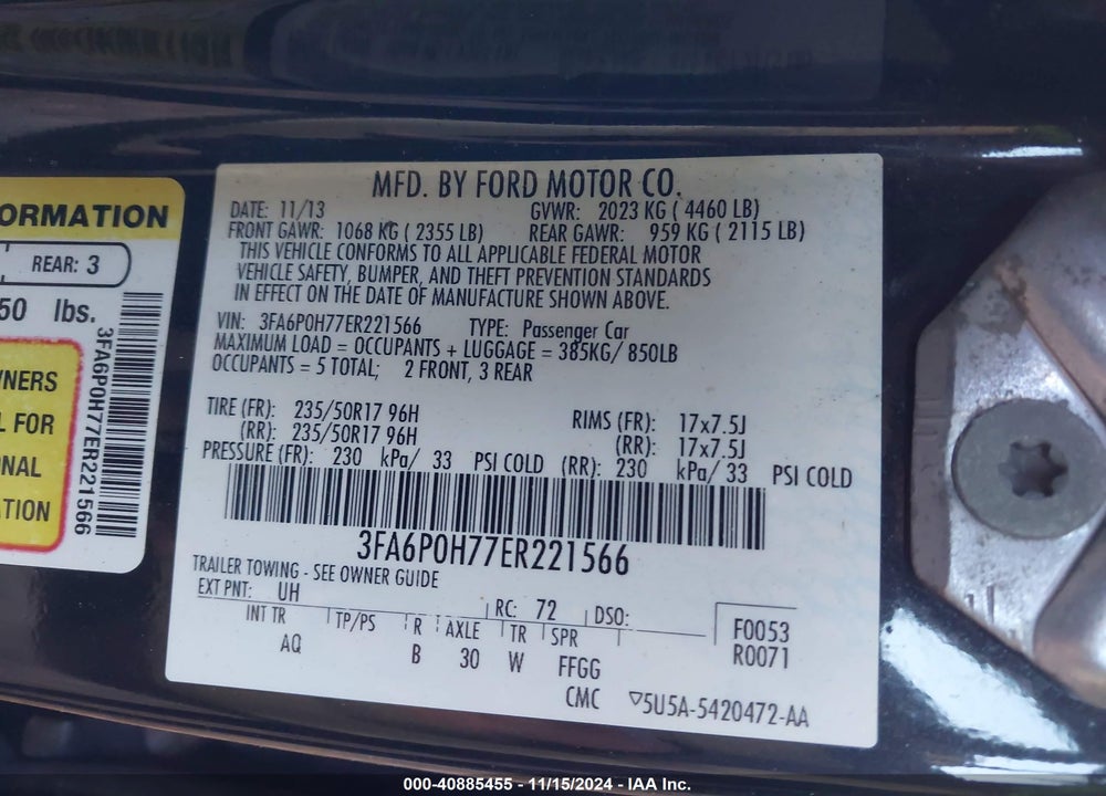 2014 FORD FUSION SE VIN: 3FA6P0H77ER221566