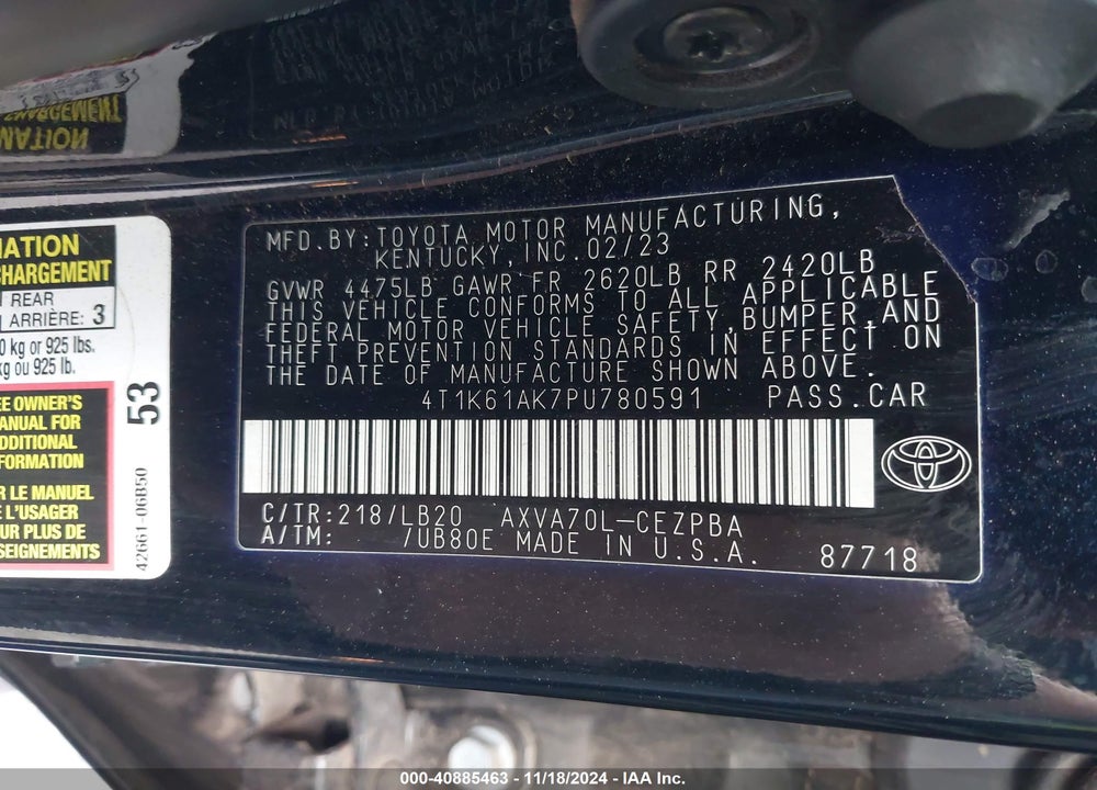 2023 TOYOTA CAMRY XSE VIN: 4T1K61AK7PU780591