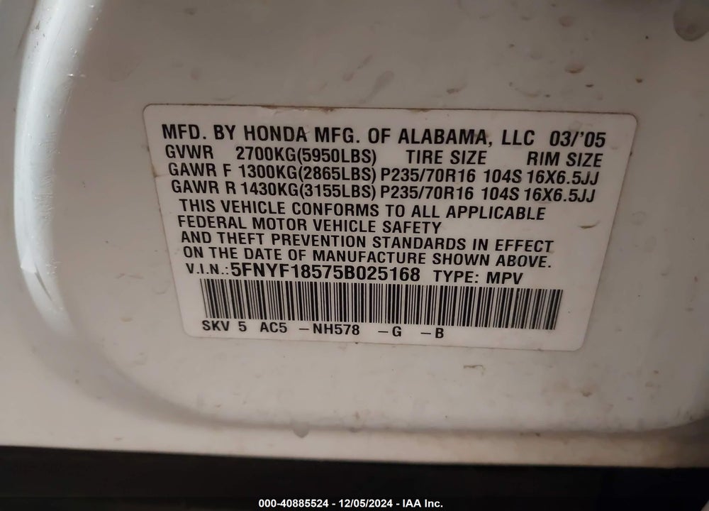 2005 HONDA PILOT EX-L VIN: 5FNYF18575B025168