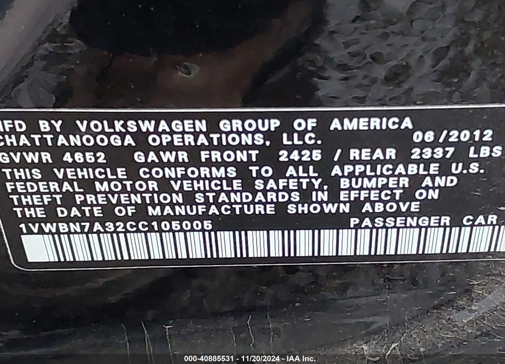 2012 VOLKSWAGEN PASSAT 2.0L TDI SE VIN: 1VWBN7A32CC105005